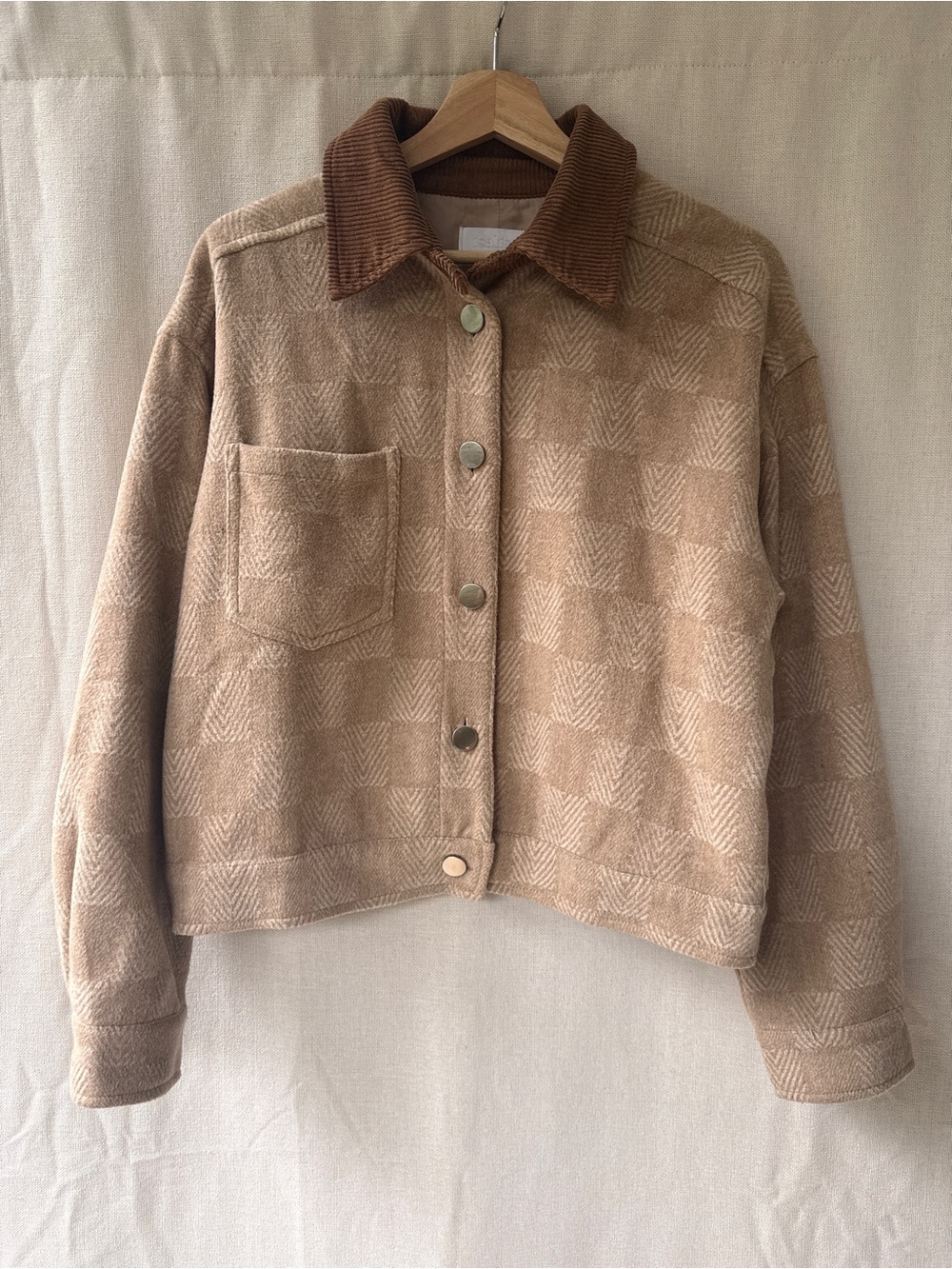 Women’s Beige Check Bomber Jacket with Brown Corduroy Collar